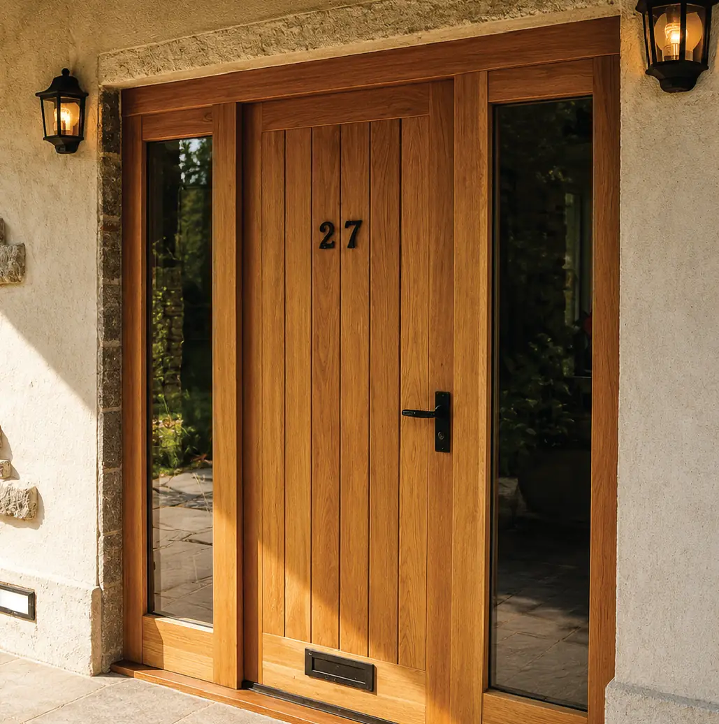 Oak plank front door with house numerals, flanked by full-height glazed sidelights