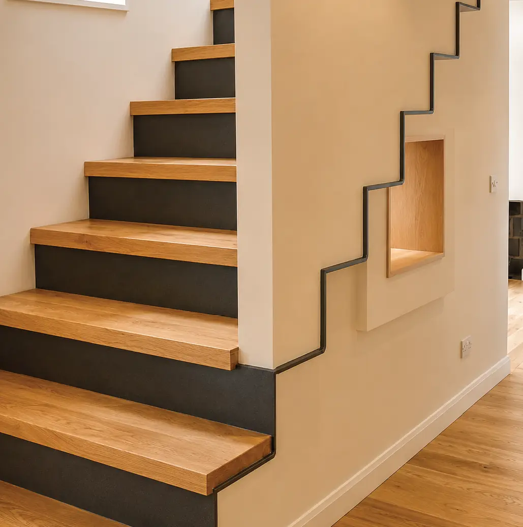 Contemporary oak staircase with dark painted risers and a concealed alcove